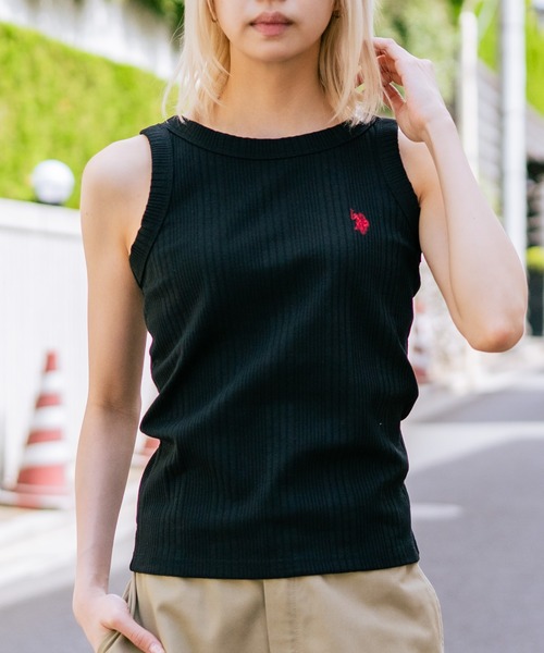 U.S. POLO ASSN.(ユーエスポロアッスン)の「【U.S. POLO ASSN./ユーエスポロアッスン】【細見え シンプルブランドロゴ刺繍】ワンポイントリブタンクトップ 着痩せ 伸縮性 インナー 重ね着 春 夏(タンクトップ・レディース・ネイビー/ブラック/オフホワイト・MEDIUM/LARGE)」の1枚目の写真