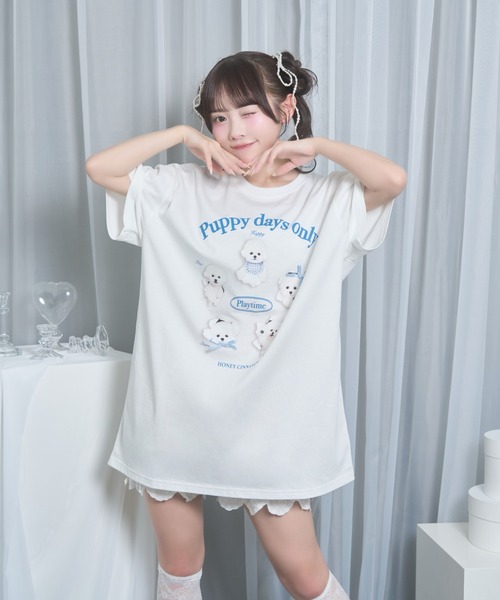 Honey Cinnamon(ハニーシナモン)の「playing dog Tシャツ(Tシャツ/カットソー・レディース・サックスブルー/ホワイト・FREE)」の2枚目の写真