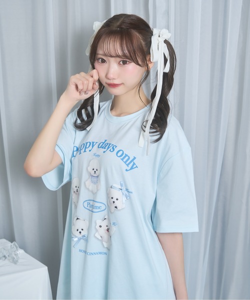 Honey Cinnamon(ハニーシナモン)の「playing dog Tシャツ(Tシャツ/カットソー・レディース・サックスブルー/ホワイト・FREE)」の6枚目の写真
