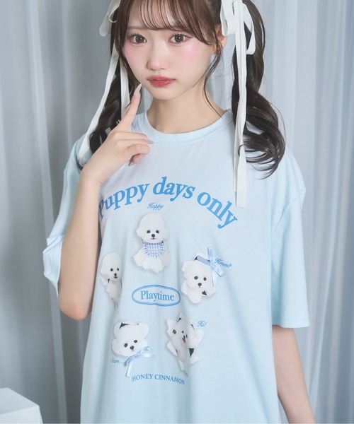 Honey Cinnamon(ハニーシナモン)の「playing dog Tシャツ(Tシャツ/カットソー・レディース・サックスブルー/ホワイト・FREE)」の8枚目の写真