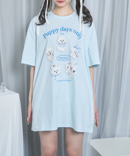 Honey Cinnamon(ハニーシナモン)の「playing dog Tシャツ(Tシャツ/カットソー・レディース・サックスブルー/ホワイト・FREE)」の9枚目の写真