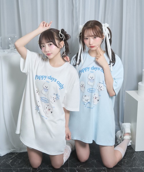 Honey Cinnamon(ハニーシナモン)の「playing dog Tシャツ(Tシャツ/カットソー・レディース・サックスブルー/ホワイト・FREE)」の3枚目の写真
