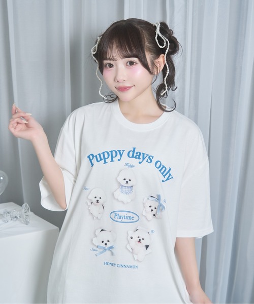 Honey Cinnamon(ハニーシナモン)の「playing dog Tシャツ(Tシャツ/カットソー・レディース・サックスブルー/ホワイト・FREE)」の17枚目の写真