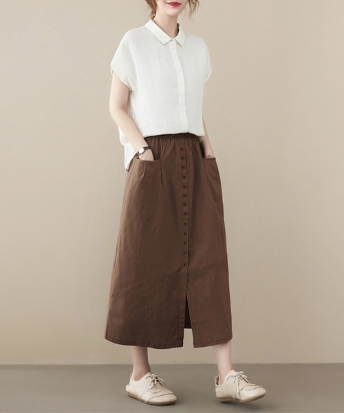 ONEP STAR（ワンピスター）の「前ボタンデザインロングスカート（スカート・レディース・ブラック/ダークブラウン/カーキ・MEDIUM/LARGE/X-LARGE）」の6枚目の写真