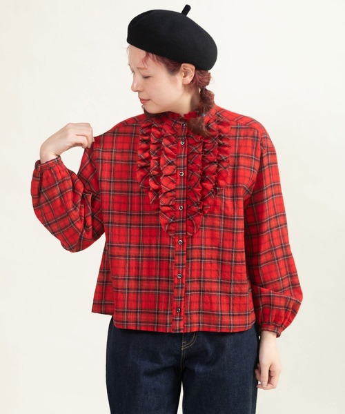CHILD WOMAN（チャイルドウーマン）の「ウールリファインチェック スタンドフリルブラウス（シャツ/ブラウス・レディース・レッド・FREE）」の12枚目の写真