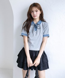 clear | 襟付デニム切替スピンドルカットソートップス［骨格ウェーブ/カジュアル］(Tシャツ/カットソー)