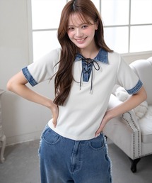 clear | 襟付デニム切替スピンドルカットソートップス［骨格ウェーブ/カジュアル］(Tシャツ/カットソー)