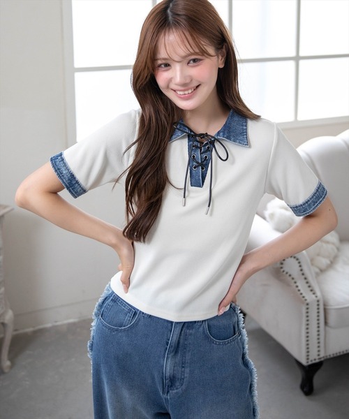 clear（クリア）の「襟付デニム切替スピンドルカットソートップス［骨格ウェーブ/カジュアル］（Tシャツ/カットソー・レディース・アイボリー/ネイビー/グレー・F）」の2枚目の写真