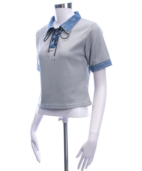 clear（クリア）の「襟付デニム切替スピンドルカットソートップス［骨格ウェーブ/カジュアル］（Tシャツ/カットソー・レディース・アイボリー/ネイビー/グレー・F）」の18枚目の写真