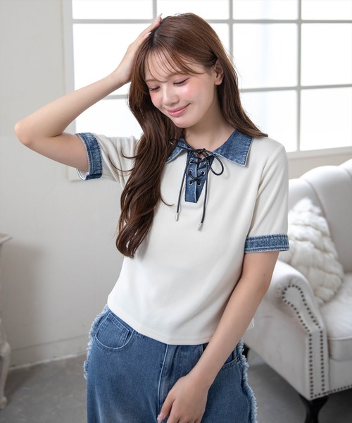 clear（クリア）の「襟付デニム切替スピンドルカットソートップス［骨格ウェーブ/カジュアル］（Tシャツ/カットソー・レディース・アイボリー/ネイビー/グレー・F）」の4枚目の写真