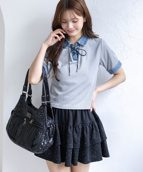 clear（クリア）の「襟付デニム切替スピンドルカットソートップス［骨格ウェーブ/カジュアル］（Tシャツ/カットソー・レディース・アイボリー/ネイビー/グレー・F）」の14枚目の写真