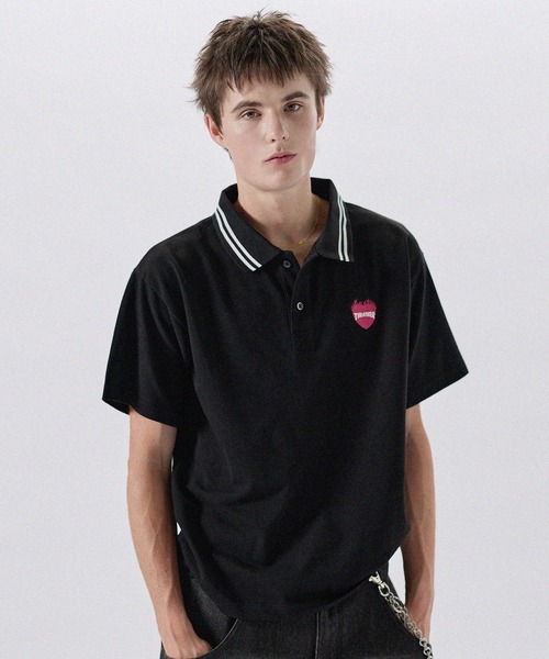 THRASHER(スラッシャー)の「THRASHER×MSG 別注 ワンポイントロゴポロシャツ(ポロシャツ・メンズ・ネイビー/ブラック系/ブラック/レッド/グレー系・M/S/XL/L)」の1枚目の写真