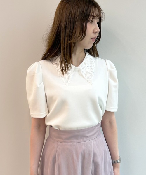 SWINGLE(スウィングル)の「レースカラータックスリーブトップス(Tシャツ/カットソー・レディース・ピンク/グリーン/ベージュ/オフホワイト・FREE)」の2枚目の写真