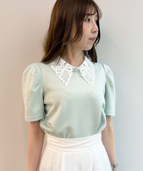 SWINGLE(スウィングル)の「レースカラータックスリーブトップス(Tシャツ/カットソー・レディース・ピンク/グリーン/ベージュ/オフホワイト・FREE)」の4枚目の写真