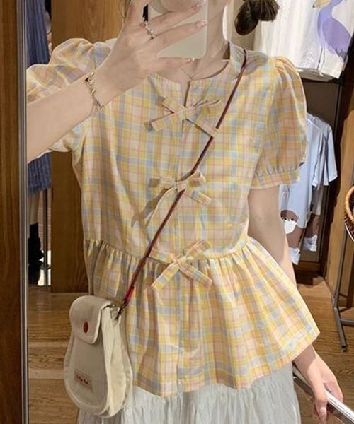 YUGA Pastel Collar check blouse — клетчатая блузка с пастельным воротником