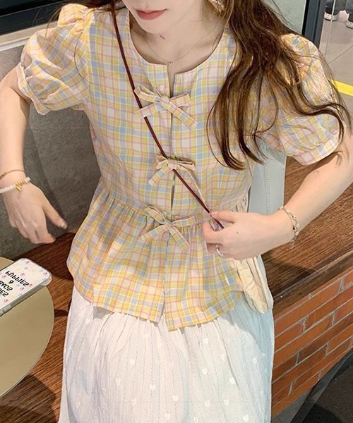 gossip！ロサンゼルス（ゴシップロサンゼルス）の「YUGA　パステルカラーのチェック柄ブラウス（シャツ/ブラウス・レディース・イエロー・M/L/XL）」の3枚目の写真