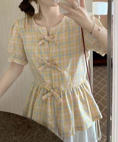 gossip！ロサンゼルス（ゴシップロサンゼルス）の「YUGA　パステルカラーのチェック柄ブラウス（シャツ/ブラウス・レディース・イエロー・M/L/XL）」の6枚目の写真