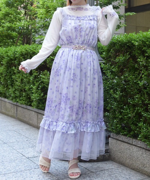 axes femme(アクシーズファム)の「紫陽花柄ショルダーリボンワンピース(ワンピース・レディース・ホワイト/ラベンダー・FREE)」の6枚目の写真