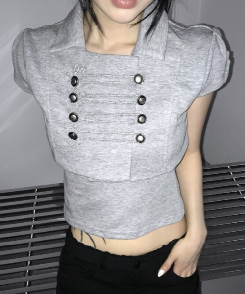gossip!ロサンゼルス(ゴシップロサンゼルス)の「【Y2Kガーリー】 ナポレオン ロイヤル 襟カラー トップス(Tシャツ/カットソー・レディース・グレー・M/L/S)」の5枚目の写真