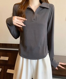 リブポロカラーロングスリーブトップス