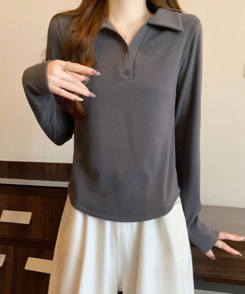 2ly2(トゥーリートゥー)の「リブポロカラーロングスリーブトップス(Tシャツ/カットソー・レディース・グレー/ブラック・FREE)」の2枚目の写真