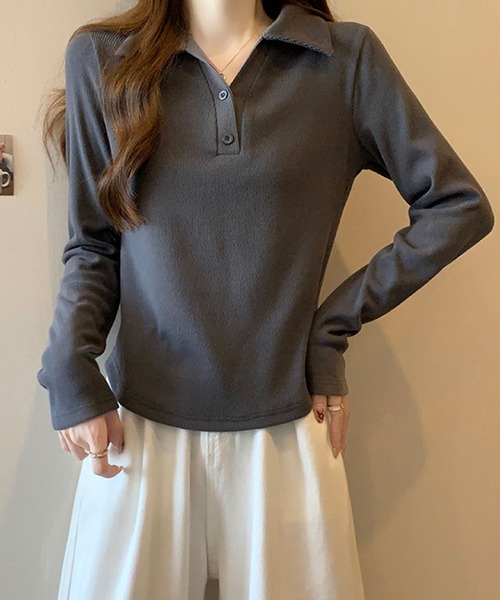 2ly2(トゥーリートゥー)の「リブポロカラーロングスリーブトップス(Tシャツ/カットソー・レディース・グレー/ブラック・FREE)」の4枚目の写真