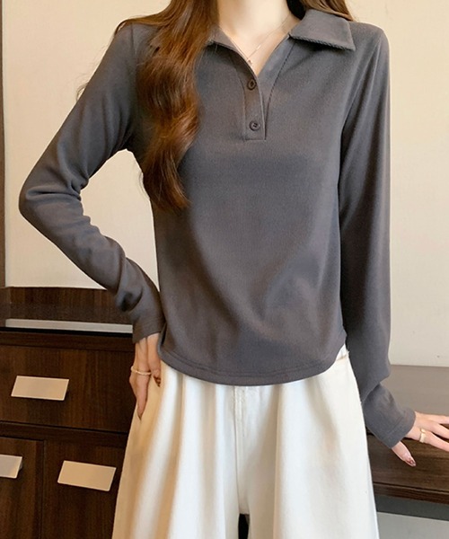 2ly2(トゥーリートゥー)の「リブポロカラーロングスリーブトップス(Tシャツ/カットソー・レディース・グレー/ブラック・FREE)」の5枚目の写真