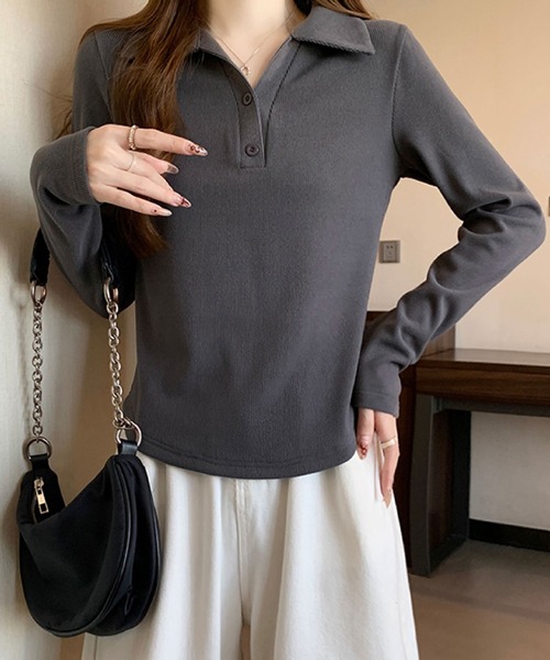 2ly2(トゥーリートゥー)の「リブポロカラーロングスリーブトップス(Tシャツ/カットソー・レディース・グレー/ブラック・FREE)」の6枚目の写真