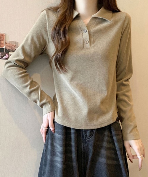 2ly2(トゥーリートゥー)の「リブポロカラーロングスリーブトップス(Tシャツ/カットソー・レディース・グレー/ブラック・FREE)」の9枚目の写真
