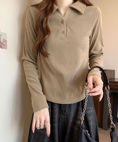 2ly2(トゥーリートゥー)の「リブポロカラーロングスリーブトップス(Tシャツ/カットソー・レディース・グレー/ブラック・FREE)」の13枚目の写真