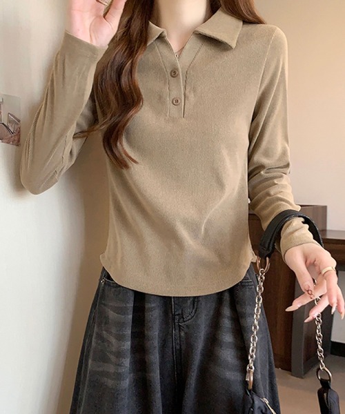 2ly2(トゥーリートゥー)の「リブポロカラーロングスリーブトップス(Tシャツ/カットソー・レディース・グレー/ブラック・FREE)」の14枚目の写真