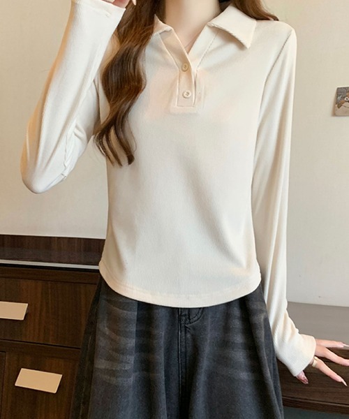 2ly2(トゥーリートゥー)の「リブポロカラーロングスリーブトップス(Tシャツ/カットソー・レディース・グレー/ブラック・FREE)」の15枚目の写真