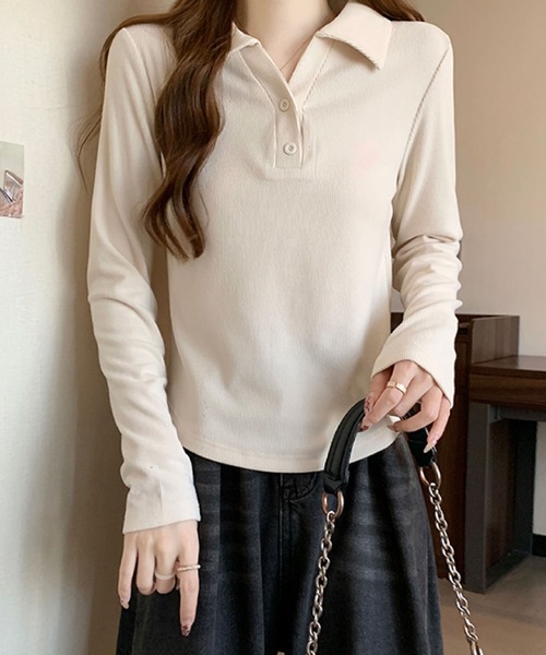 2ly2(トゥーリートゥー)の「リブポロカラーロングスリーブトップス(Tシャツ/カットソー・レディース・グレー/ブラック・FREE)」の16枚目の写真