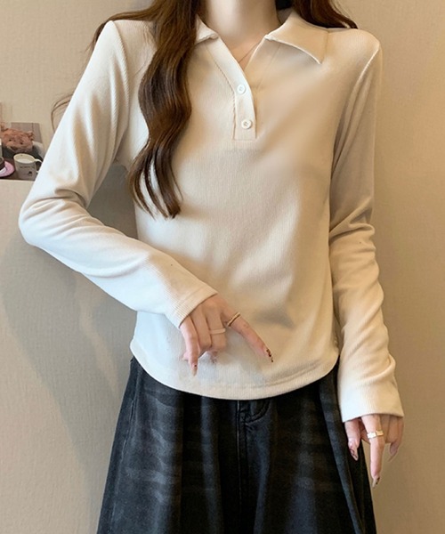 2ly2(トゥーリートゥー)の「リブポロカラーロングスリーブトップス(Tシャツ/カットソー・レディース・グレー/ブラック・FREE)」の17枚目の写真