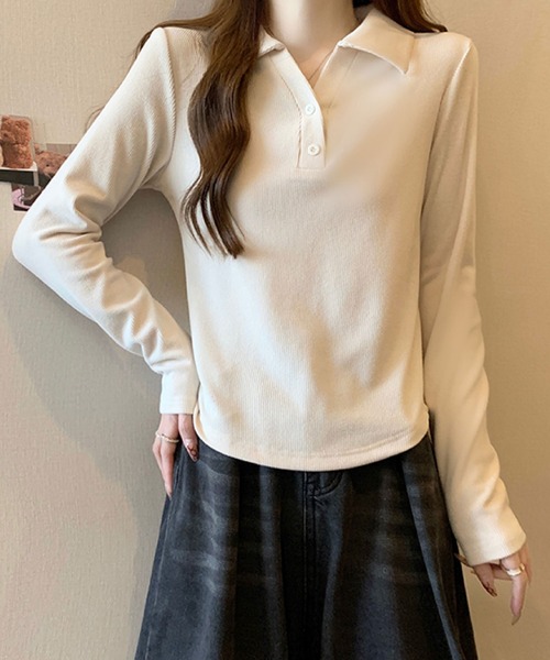 2ly2(トゥーリートゥー)の「リブポロカラーロングスリーブトップス(Tシャツ/カットソー・レディース・グレー/ブラック・FREE)」の18枚目の写真