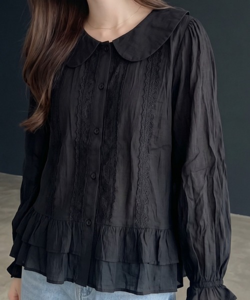 umune(ウムネ)の「丸襟ブラウス ティアード ペプラム 長袖 トップス レース切り替え ピンタック フリル パフスリーブ フェミニン 秋 冬(シャツ/ブラウス・レディース・サックスブルー/オフホワイト/ブラック・FREE)」の3枚目の写真