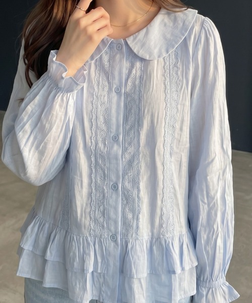 umune(ウムネ)の「丸襟ブラウス ティアード ペプラム 長袖 トップス レース切り替え ピンタック フリル パフスリーブ フェミニン 秋 冬(シャツ/ブラウス・レディース・サックスブルー/オフホワイト/ブラック・FREE)」の8枚目の写真