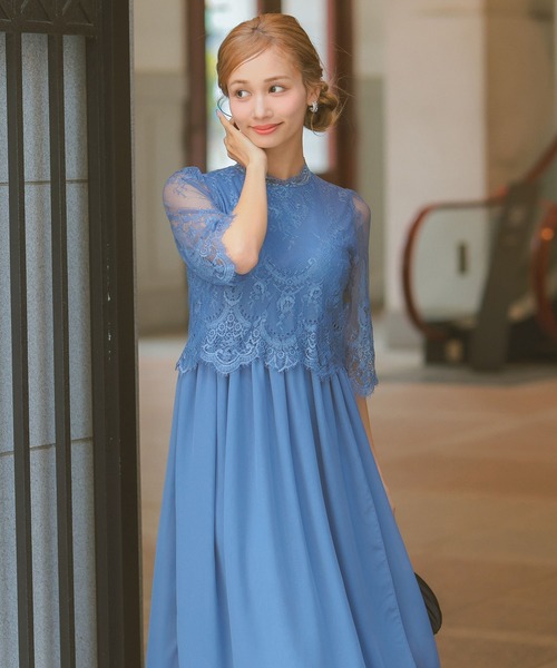 Retica(レティカ)の「パーティードレス 秋 結婚式 大人 20代 30代 40代 ロング丈 マキシ丈 レース フォーマル 五分袖 シフォン ワンピース 大きいサイズ 卒業式 入学式 二次会 披露宴 発表会 同窓会 ドレス(ドレス・レディース・ブルー/ベージュ・XXL/XL/S/M/L)」の2枚目の写真