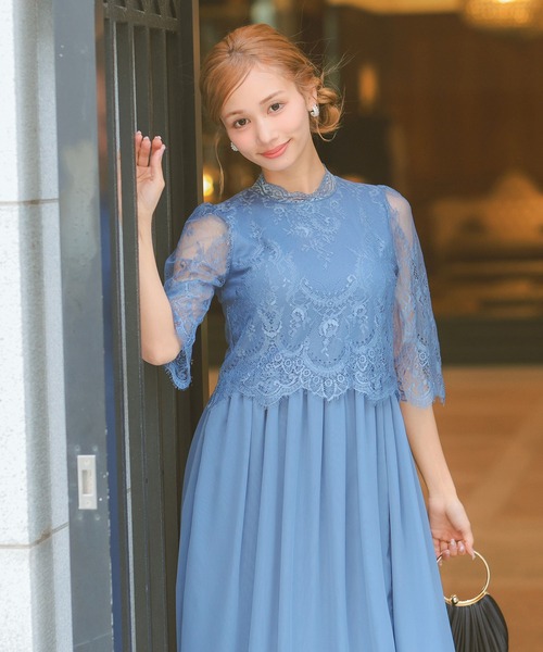 Retica(レティカ)の「パーティードレス 秋 結婚式 大人 20代 30代 40代 ロング丈 マキシ丈 レース フォーマル 五分袖 シフォン ワンピース 大きいサイズ 卒業式 入学式 二次会 披露宴 発表会 同窓会 ドレス(ドレス・レディース・ブルー/ベージュ・XXL/XL/S/M/L)」の3枚目の写真