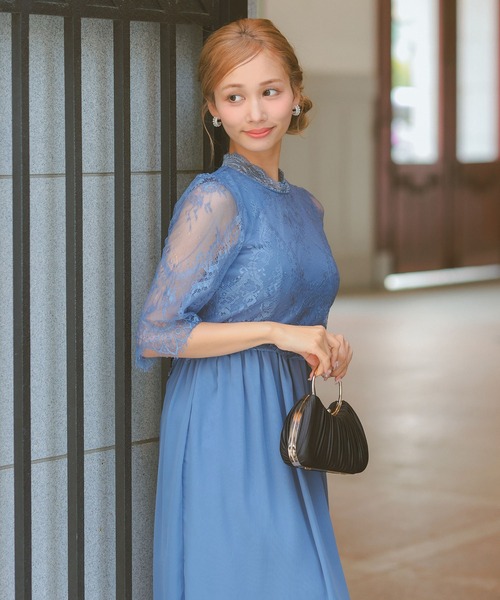 Retica(レティカ)の「パーティードレス 秋 結婚式 大人 20代 30代 40代 ロング丈 マキシ丈 レース フォーマル 五分袖 シフォン ワンピース 大きいサイズ 卒業式 入学式 二次会 披露宴 発表会 同窓会 ドレス(ドレス・レディース・ブルー/ベージュ・XXL/XL/S/M/L)」の4枚目の写真