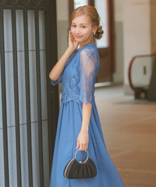 Retica(レティカ)の「パーティードレス 秋 結婚式 大人 20代 30代 40代 ロング丈 マキシ丈 レース フォーマル 五分袖 シフォン ワンピース 大きいサイズ 卒業式 入学式 二次会 披露宴 発表会 同窓会 ドレス(ドレス・レディース・ブルー/ベージュ・XXL/XL/S/M/L)」の5枚目の写真