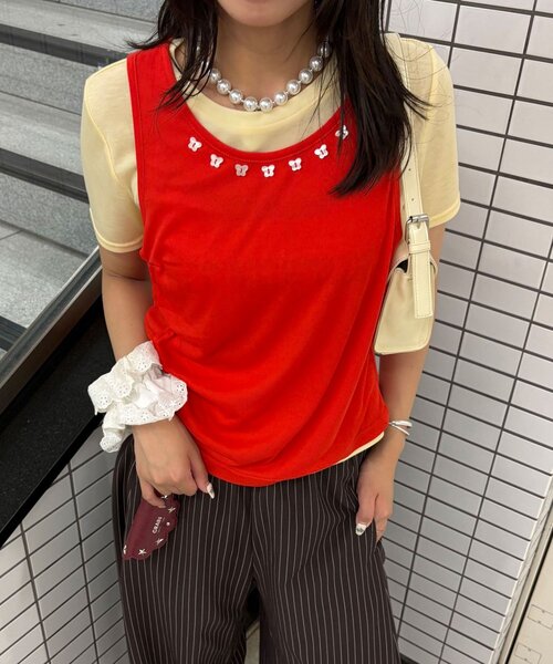 CIAOPANIC(チャオパニック)の「蝶々ボタンタンクレイヤードTee(Tシャツ/カットソー・レディース・ミント/レッド/ネイビー・ONE SIZE)」の3枚目の写真