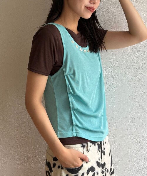 CIAOPANIC(チャオパニック)の「蝶々ボタンタンクレイヤードTee(Tシャツ/カットソー・レディース・ミント/レッド/ネイビー・ONE SIZE)」の6枚目の写真