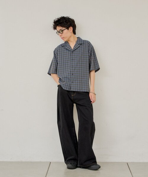 WHIMSIC(ウィムジック)の「【UNISEX】シアチェックオープンカラーシャツ(シャツ/ブラウス・メンズ・ブラック/ネイビー・FREE)」の9枚目の写真