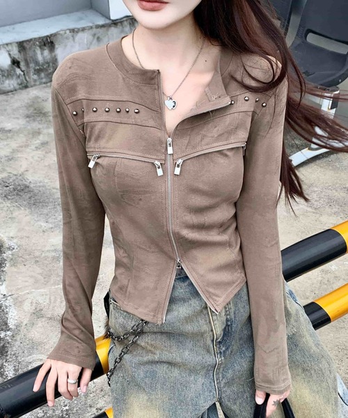 Sibra(シブラ)の「【秋冬新作】スタッズジップデザイン長袖トップス(Tシャツ/カットソー・レディース・ブラック/グレー/カーキ/ブラウン・M)」の4枚目の写真