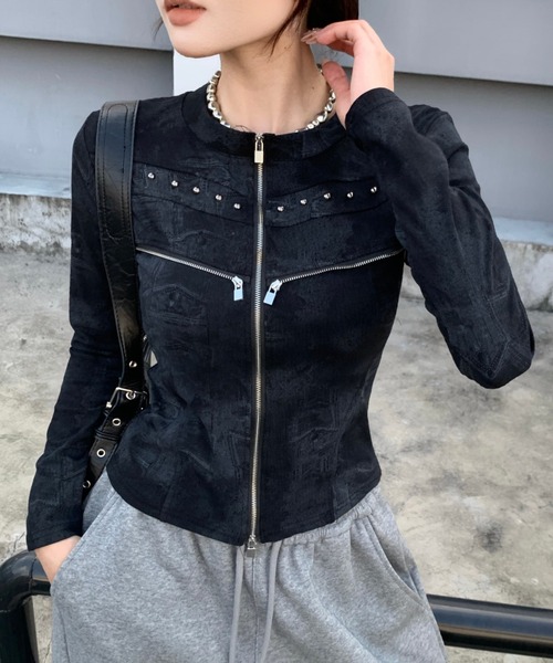 Sibra(シブラ)の「【秋冬新作】スタッズジップデザイン長袖トップス(Tシャツ/カットソー・レディース・ブラック/グレー/カーキ/ブラウン・M)」の11枚目の写真