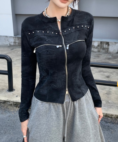 Sibra(シブラ)の「【秋冬新作】スタッズジップデザイン長袖トップス(Tシャツ/カットソー・レディース・ブラック/グレー/カーキ/ブラウン・M)」の9枚目の写真