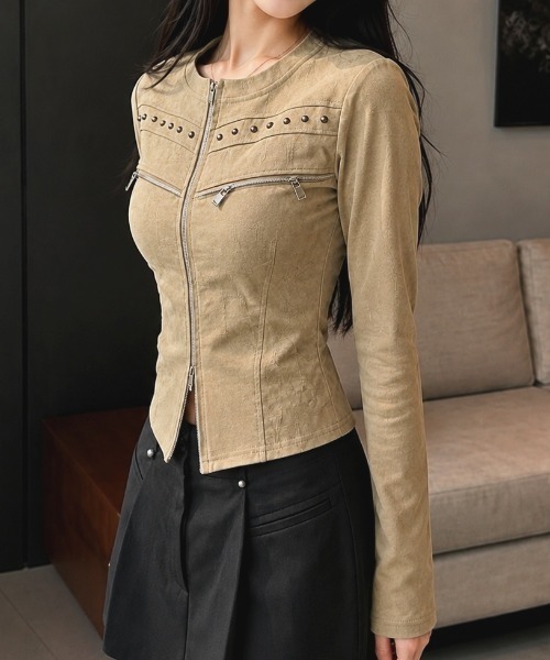 Sibra(シブラ)の「【秋冬新作】スタッズジップデザイン長袖トップス(Tシャツ/カットソー・レディース・ブラック/グレー/カーキ/ブラウン・M)」の16枚目の写真