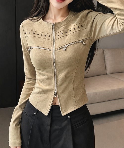 Sibra(シブラ)の「【秋冬新作】スタッズジップデザイン長袖トップス(Tシャツ/カットソー・レディース・ブラック/グレー/カーキ/ブラウン・M)」の17枚目の写真