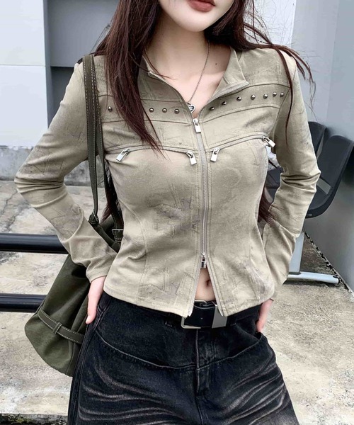 Sibra(シブラ)の「【秋冬新作】スタッズジップデザイン長袖トップス(Tシャツ/カットソー・レディース・ブラック/グレー/カーキ/ブラウン・M)」の21枚目の写真